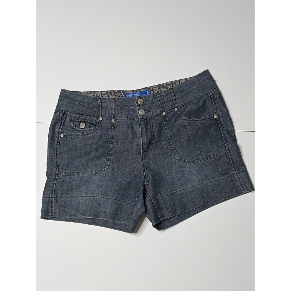 Dakota Blue Womens Mid Rise Denim Shorts Double Button Paisley Trim Size 8